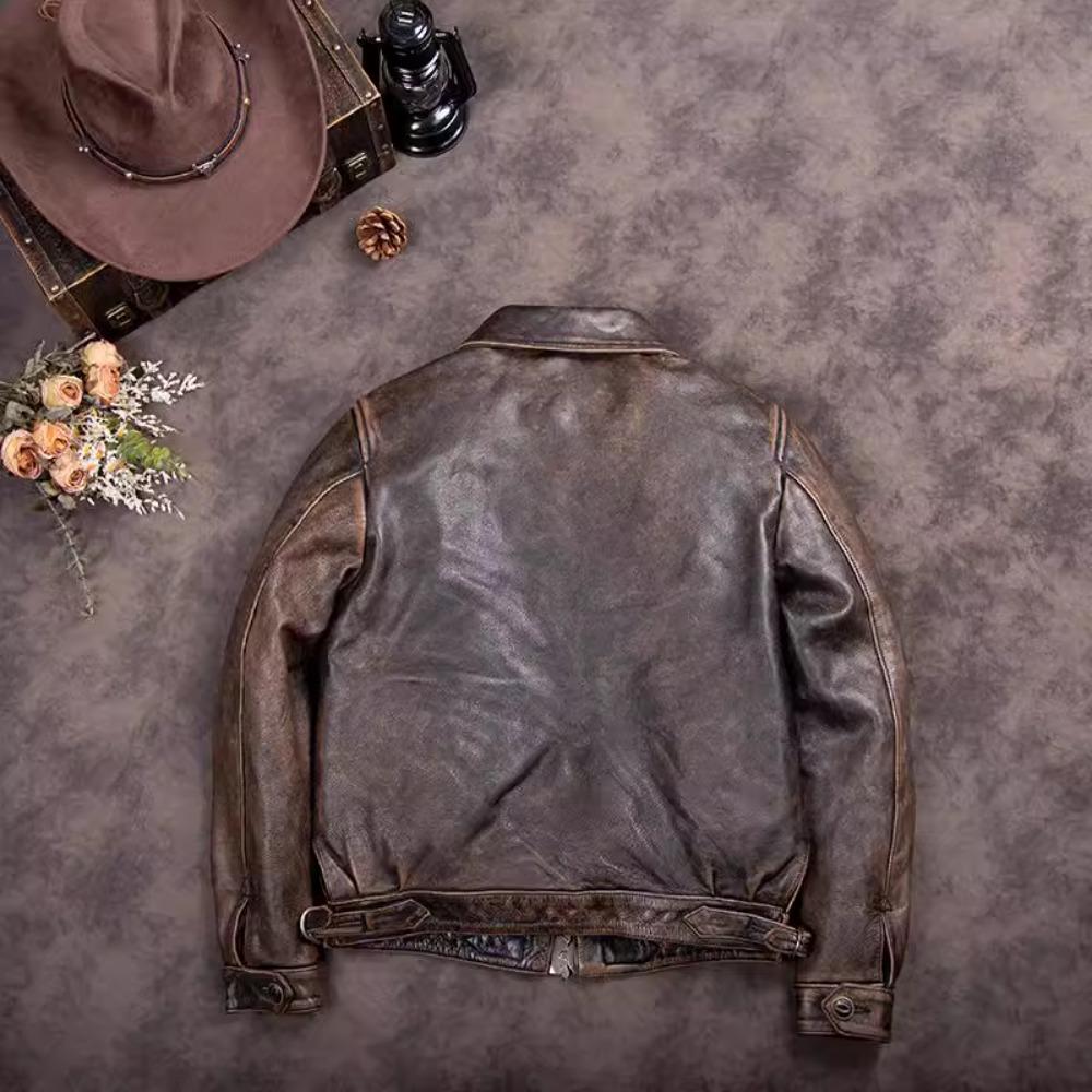 Chinese Size Vintage Men Genuine Leather Jacket Tea Core Cowhide Thickness 1.4mm Tanned Oil Waxed Real Leather Jacket Heavy Thick