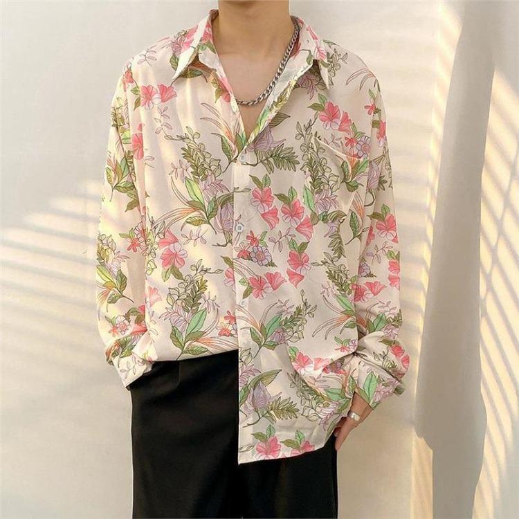 

Мужская рубашка в стиле ретро Гонконг с цветочным принтом, повседневная куртка на все случаи жизни, в японском и корейском стиле, модная весенне-осенняя мода Double Extra Large