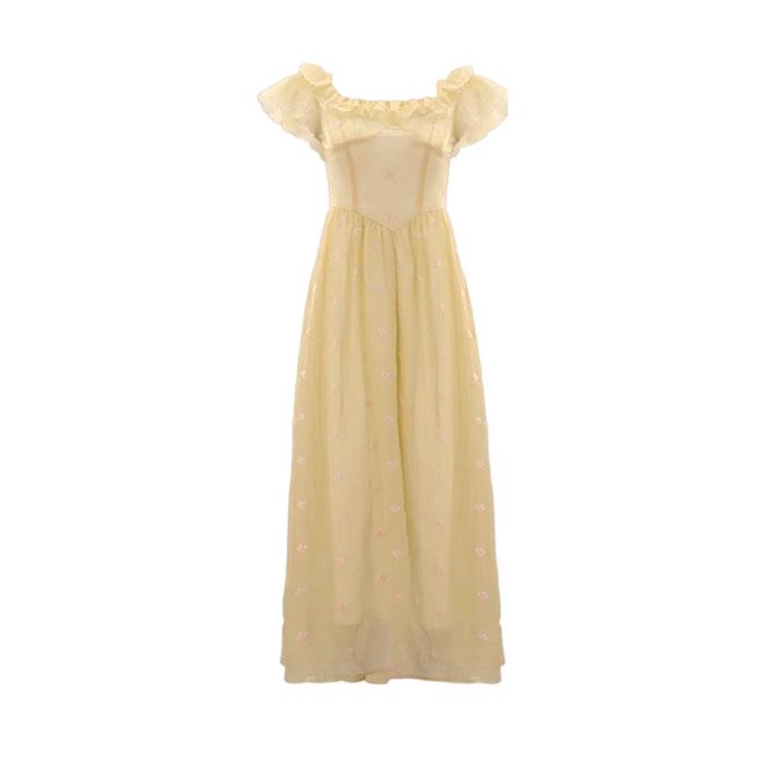 French Yellow Puff Sleeve Floral Dress - Women s Summer 2026 Collection, Elegant Waist-Cinching Princess Vacation Long Dress S