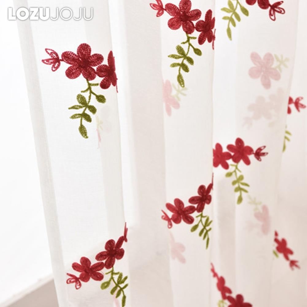 1PC LOZUJOJU Exquisite and Versatile Pastoral Style Red Floral Embroidered Sheer Curtain Tulle for Living Room Bedroom Window Decoration Home Decor