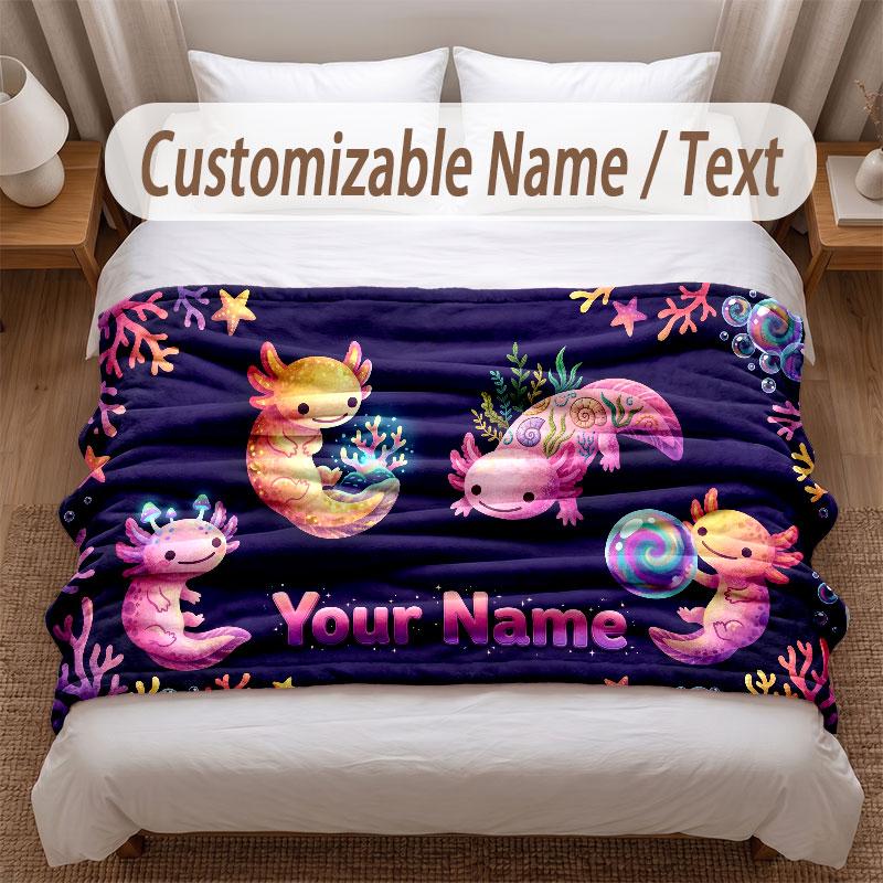 Axolotl Theme Soft Blanket Personalized Custom Name Text Print Warm Blanket Home Sofa Bedroom Decor