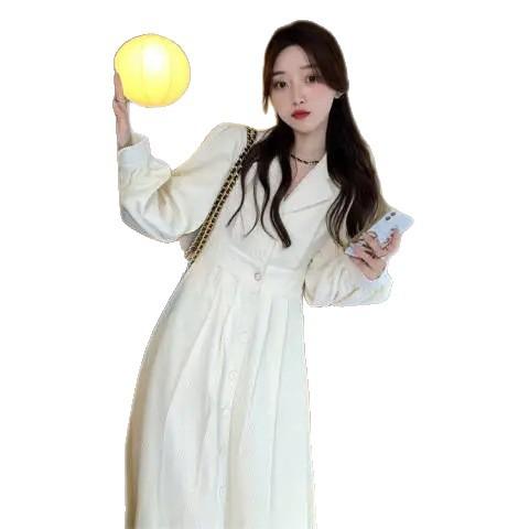 Women's autumn clothing new French suit collar design can be sweet and salty medium and long skirt corduroy dress