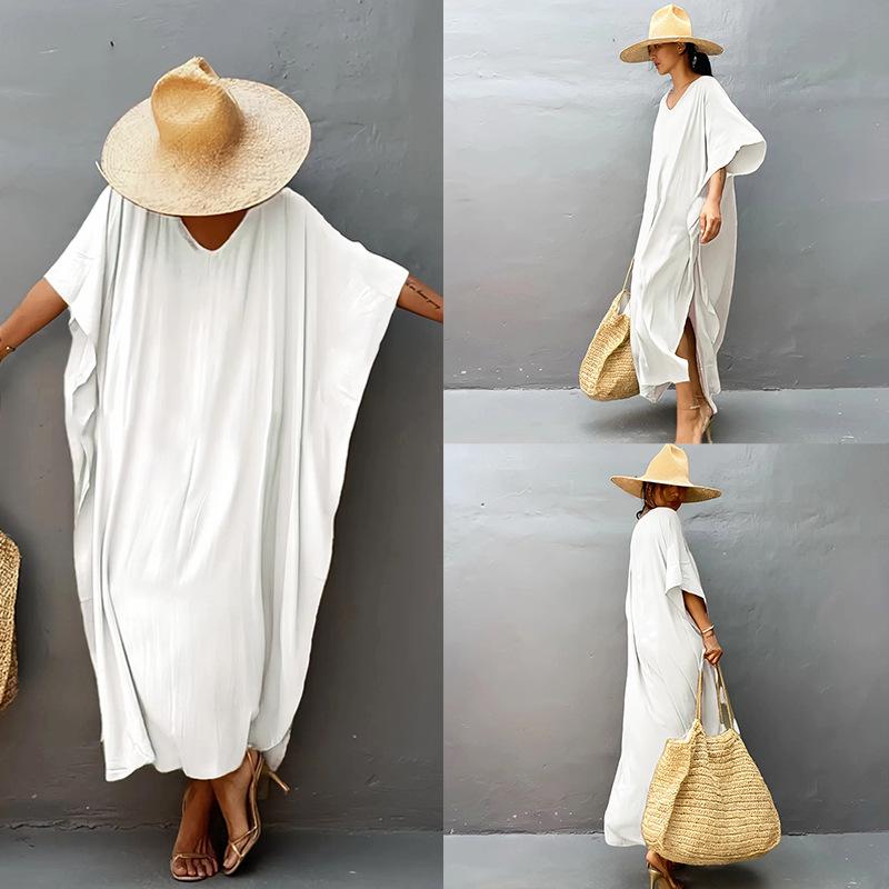 European & American Cotton Long Robe Beach Cover-Up: Solid Color Swimwear Sun Protection Dress