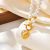 Stainless Steel Heart-shaped Pendant for Women,Imitation Pearl Beaded Chain Necklace with OT Buckle,Gold Color Jewelry Gifts