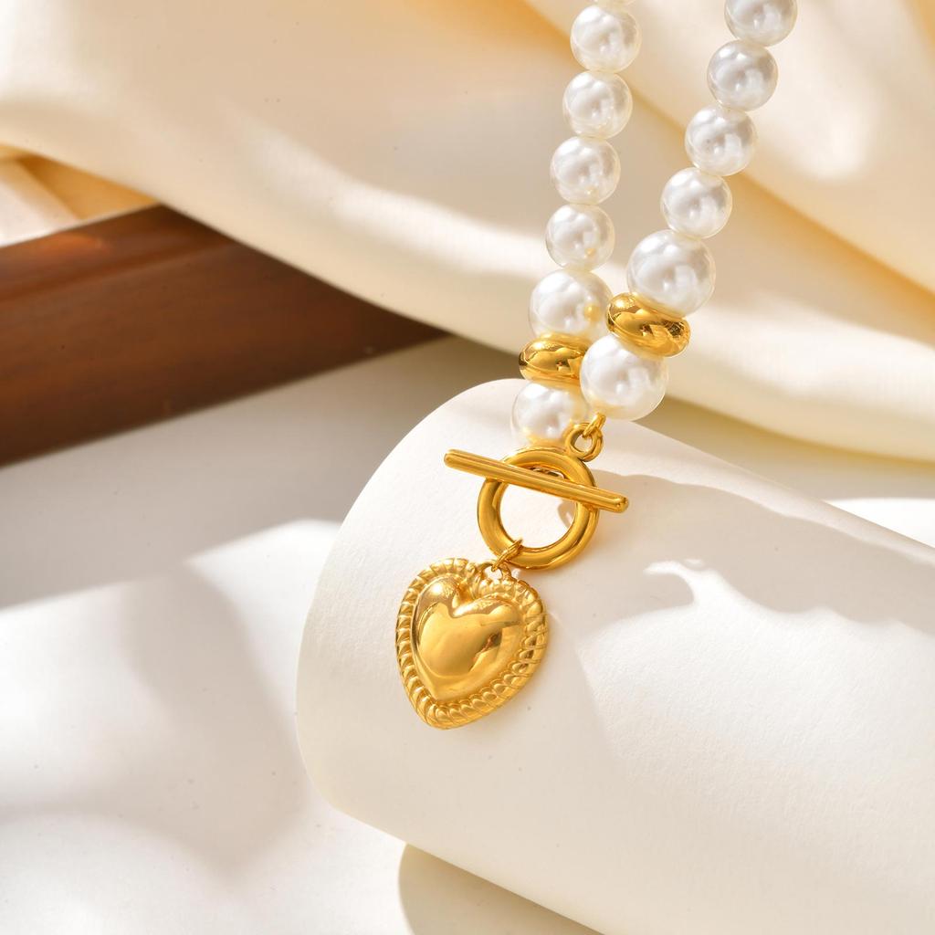 Stainless Steel Heart-shaped Pendant for Women,Imitation Pearl Beaded Chain Necklace with OT Buckle,Gold Color Jewelry Gifts