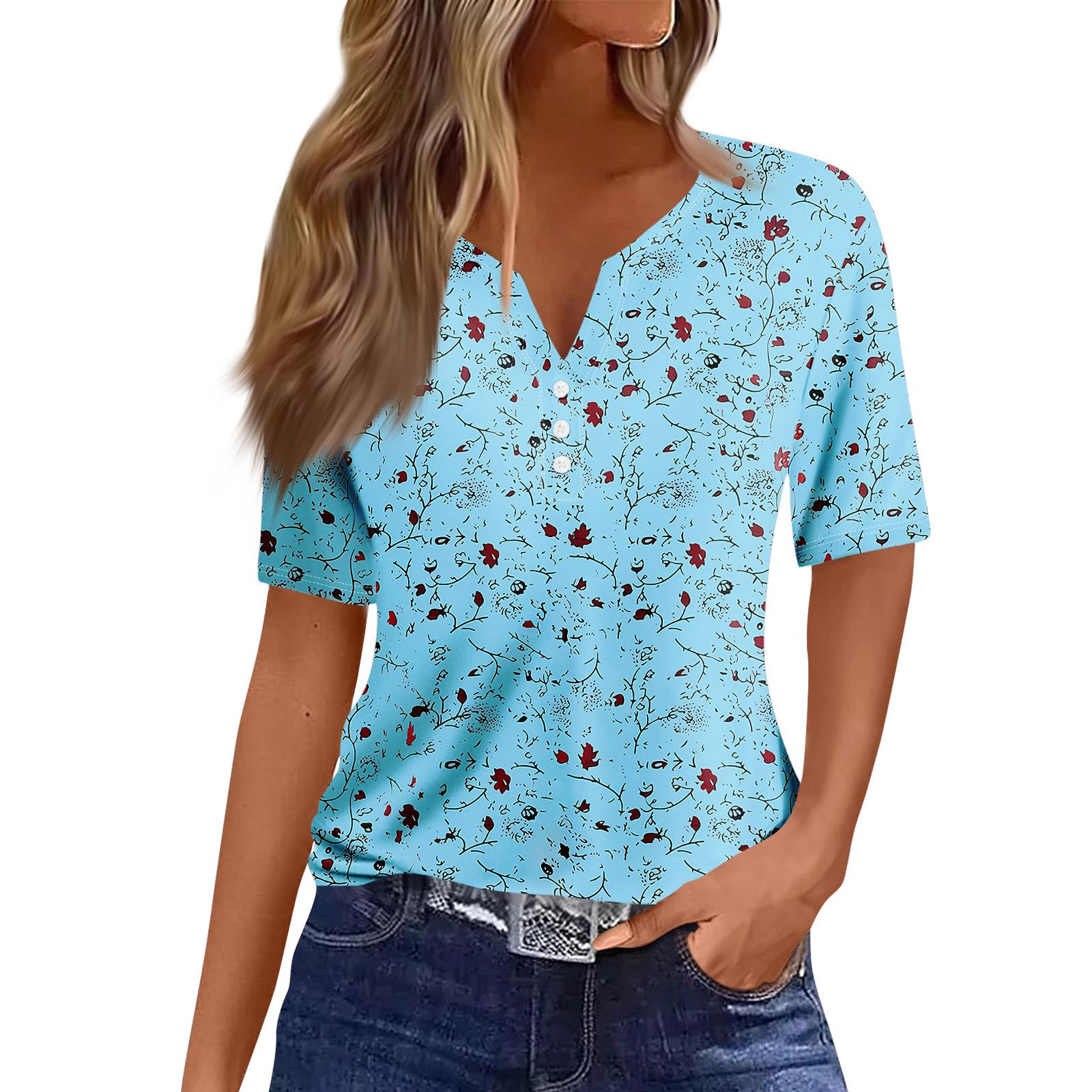 

Women s Casual Printed V-neck Short Sleeved Decorative Button T-shirt Top XXXL