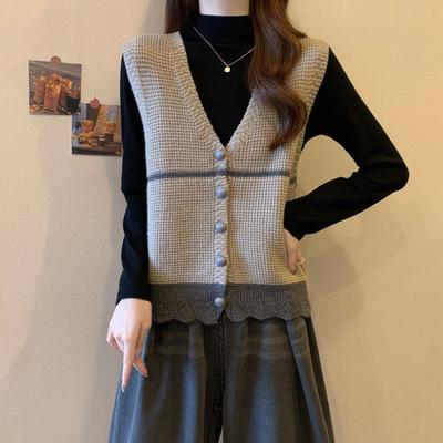 Damen Strickweste Gilet Koreanischer Stil Locker V-Ausschnitt Oberbekleidung Pullover Weste für Frühling Herbst Winter