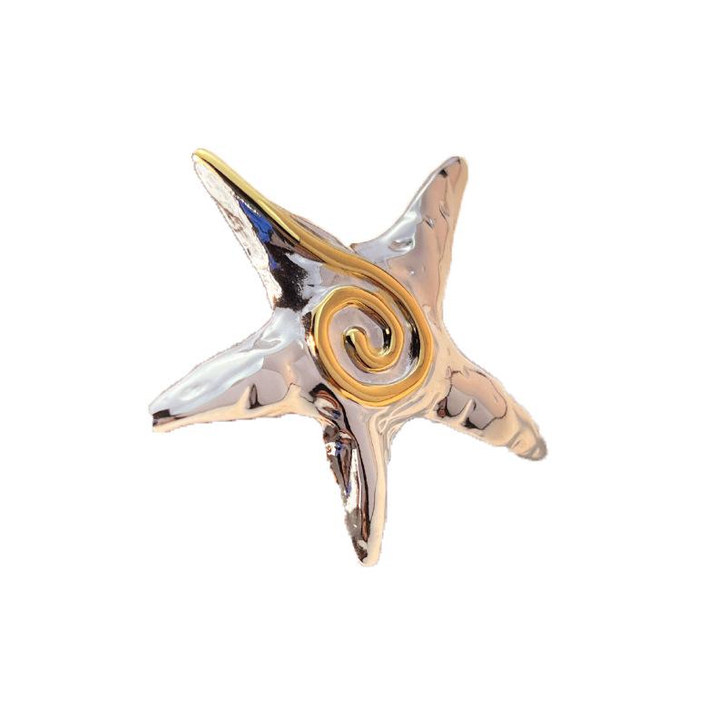 Yori Stainless Steel Metal Cast Gold Silver Mix Color Starfish Ring Women Charm Summer Beach Trendy Chic Jewelry