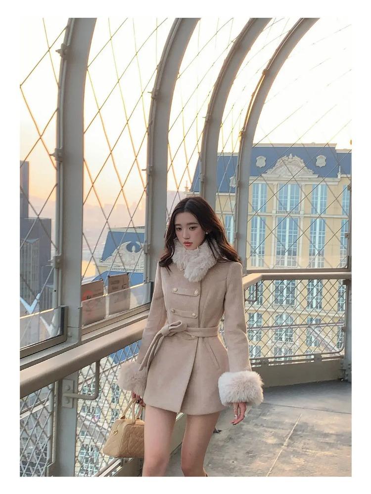 2025 Winter Französisch Vintage Elegant Wollmantel Frau Schwarz Schick Schal Umhang + Retro Locker Trenchcoat Damen Bandage Korea Modedesign Outfits
