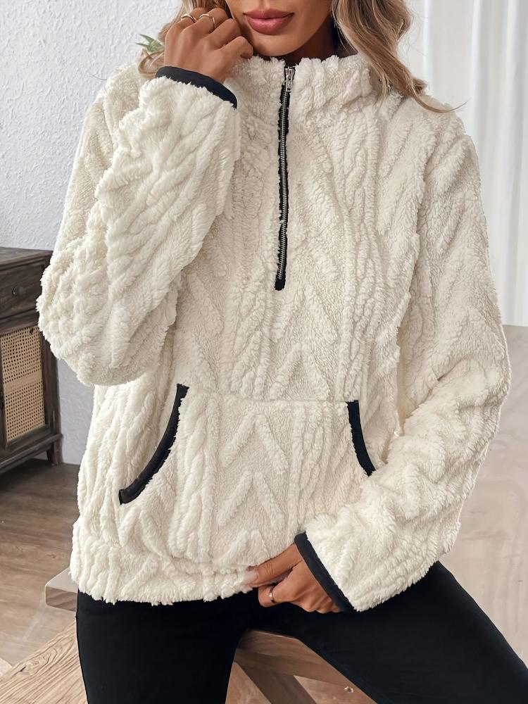 Damenmode Fuzzy Sweatshirt, Unifarbe, mit Reverskragen und Reißverschlussdetail, für Ganzjahreskomfort Pullover
