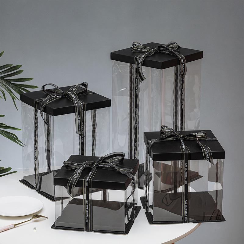 Exquisite Transparent Square Cake Box with Heightened Lid for Birthdays & Gifts - Fluid Bear Design