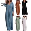 Casual V Neck Dresses Bohemian Ruffle V-Neck Long Dress, 3/4 Sleeves Maxi Dress for Women, Solid Color Loose Spring Fall Soft
