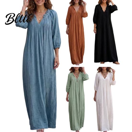 Casual V Neck Dresses Bohemian Ruffle V-Neck Long Dress, 3/4 Sleeves Maxi Dress for Women, Solid Color Loose Spring Fall Soft