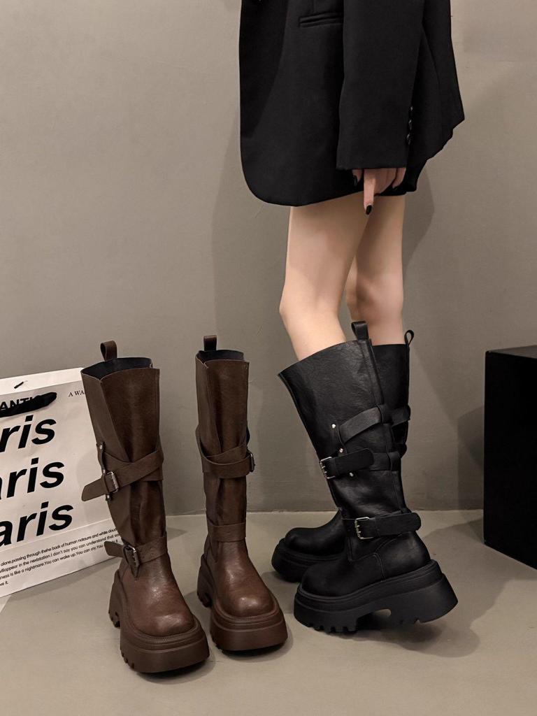 Small Over-the-Knee Height-Increasing Retro Boots with Buckle, Versatile for Autumn, In Stock