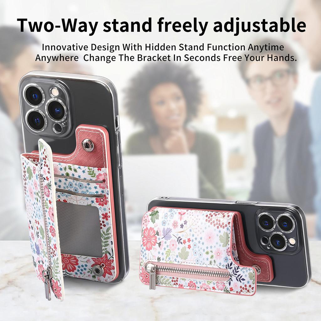 1Pc Flower Painted Phone Case Card Holder With PU Leather Back Sticker Card Bag Portable Adhesive Universal Zipper Wallet Deskto