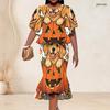 Women Plus Size Round Neck Batwing Sleeve Ruffle Hem Top Fishtail Skirt Halloween Printed Two Piece Set