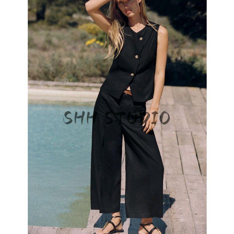 Linen Blended Vest Style Tops 2730722 8043746 Wide Leg Pants 2845722 8044746