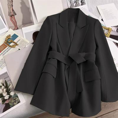 Women Suit Coat Lapel Long Sleeve Lace-Up Solid Color Suit Jacket with Pockets Loose Fit Business Outwear