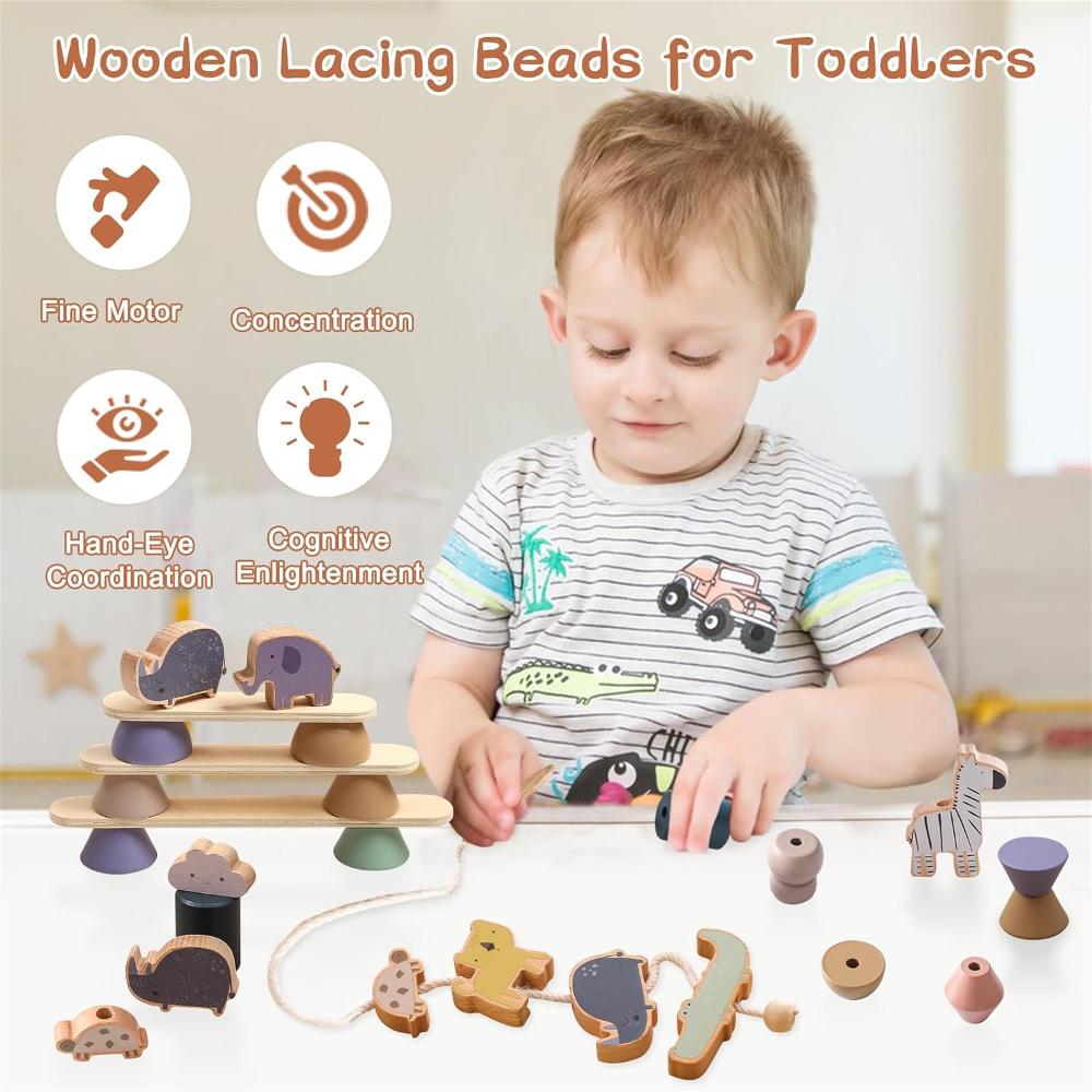Wooden Animals Threading Toy, Lacing Beads for Toddlers Stacking Blocks Balance Toy, Montessori Educational Toy for Boys & Girls
