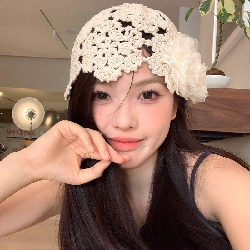 Women's Japanese Style Hollow Out Handmade Crochet Head Cap Thin Retro Flower Knitted Wool Hat Kni