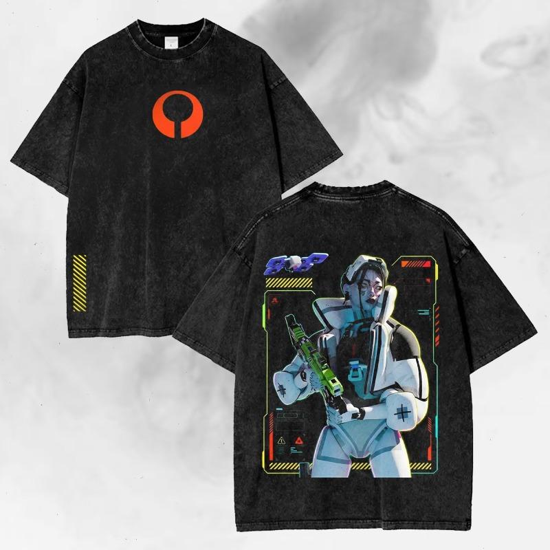 Vintage Sprana Koszulka Neonowy Glitch Sci-Fi Streetwear T-shirt Letni Męski i Damski Spierany T-shirt