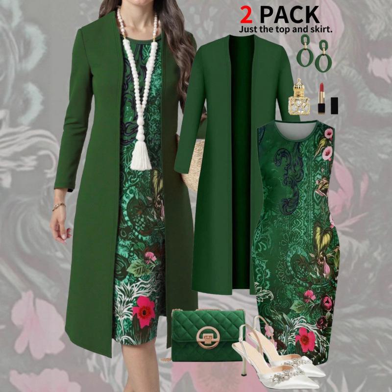 Large Size Women's Elegant Suit Solid Color Long-sleeved Cardigan Jacket Hip-wrapped Sleeveless Retro Dress Hot-selling Two-piece Set