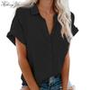 Lapel Short Sleeve Women Shirt Pure Color Simple Loose Shirt Ladies Clothing