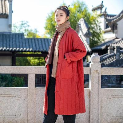 Women Vintage Linen Stand Parkas Solid Color Long Sleeve Warm Coats Button Patchwork Pockets Winter Parkas