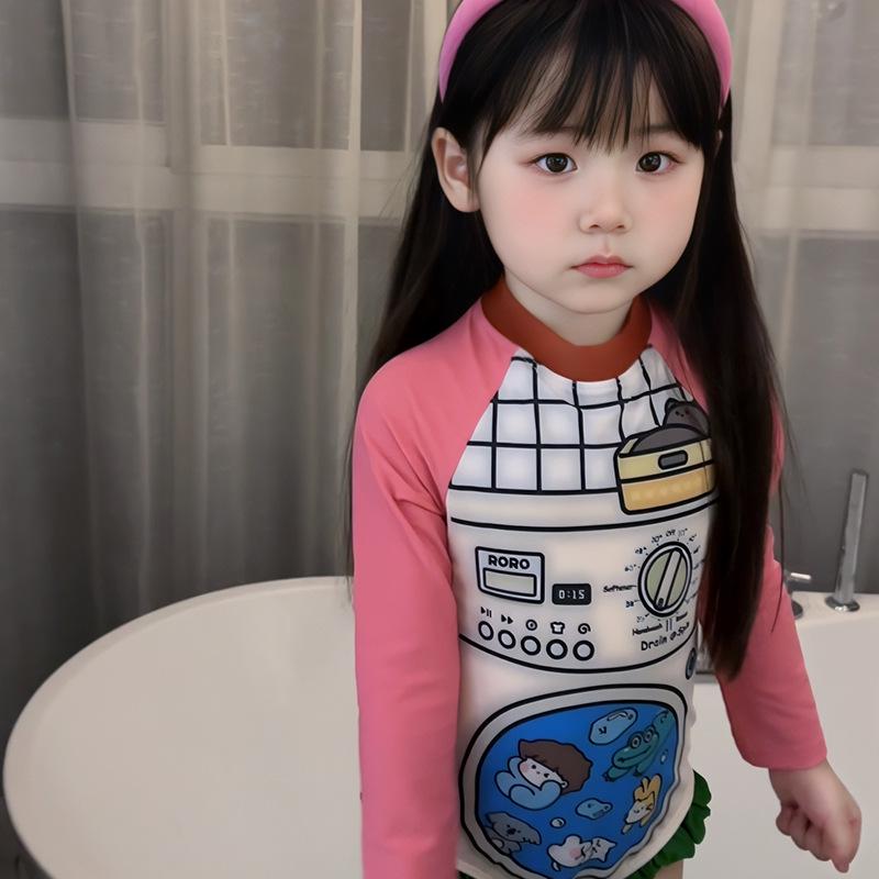 Korean Style Cartoon Lace One-Piece Swimsuit for Girls - Summer Graffiti Design for Small To Medium Children