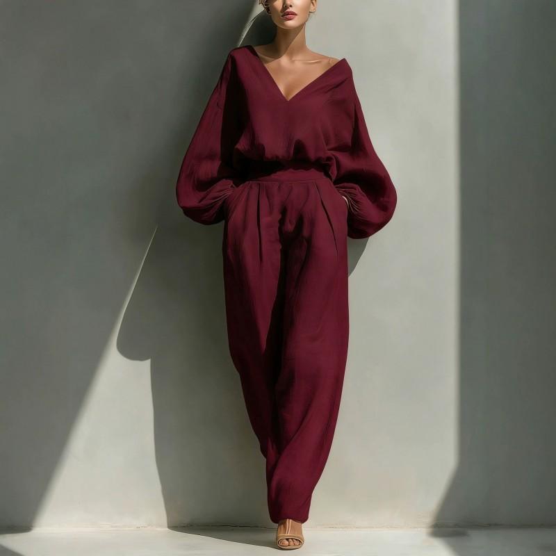 2026 Womens Loose Long Sleeve Cotton Linen Set - Vintage Chic Pants Suit In Ivory Red Brown Gray Green