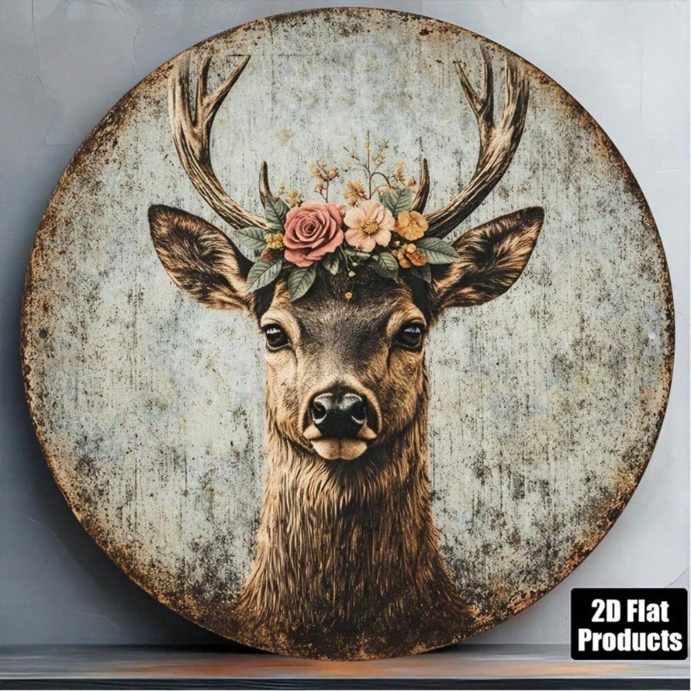 Vintage Deer Head Wreath Sign 8x8in, Rustic Round Antler Plaque, Flat 2D Wall Art for Living Room Bedroom Decor