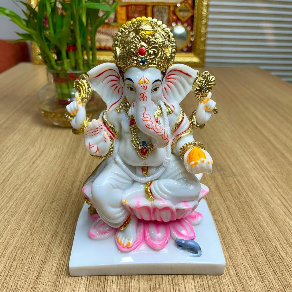 Handmade Marble Dust Lord Ganesha On Lotus 7 Inch for Diwali Flower God Idol Art Figurine for Home Car Dashboard Ganpati Murti Temple Pooja Decorative