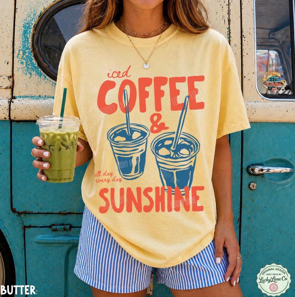 Iced Coffee and Sunshine Shirt, Iced Coffee Shirt, Coffee Lover Gift, Summer Graphic Tee, Summer Vibes, Coffee TShirt, Tee