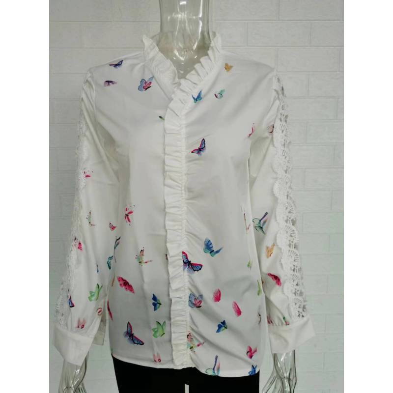 Plus Size Elegant Long Sleeve Ruffle Collar Printed Women's Shirt