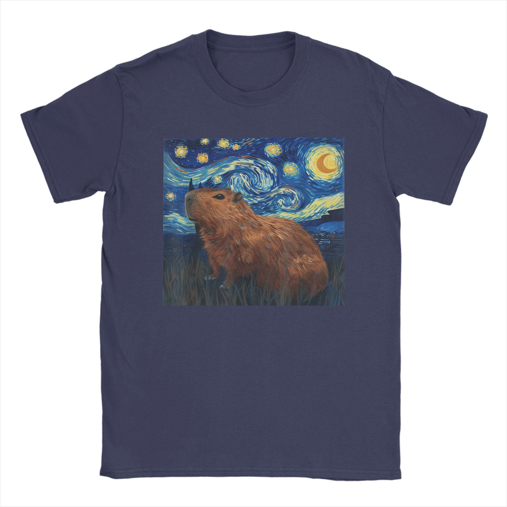 

Fashion Capybara Van Gogh Style Starry Night T-Shirts Men Crew Neck 100% Cotton T Shirt Short Sleeve Tee Shirt Summer Tops 4XL