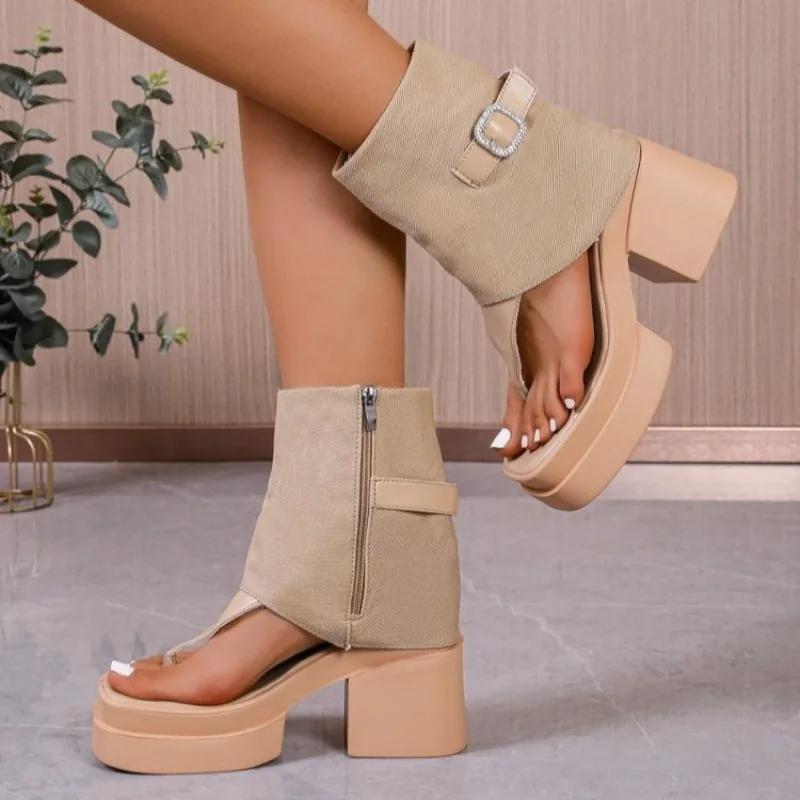 2025 Summer New Women's Cover Heel Sandals Outdoor Buckle Chunky Heels Side Zip Ankle Boots Women Platform Modern Thong Sandals