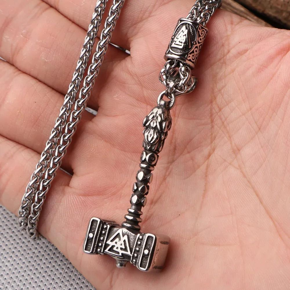 Flerfärgad pärlhalsband med vikingahammare och Thors hammare, rostfritt stål, herrhalsband, Mjolner amulett, smycken