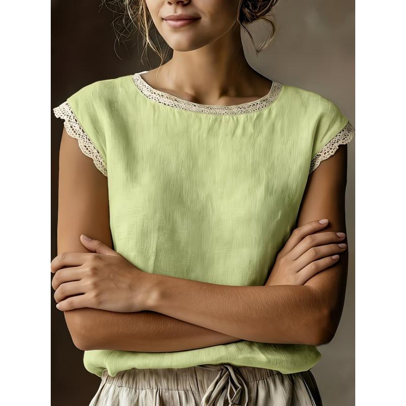 Summer Women's New Loose Solid Color Round Neck Lace Sleeveless Cotton and Linen Shirt