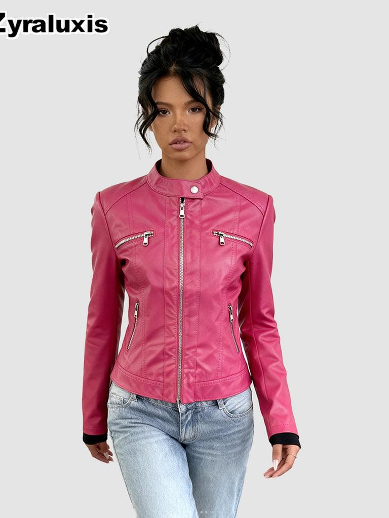Biker Leather Jacket Women's Motorcycle Coat Slim Fit for Ladies