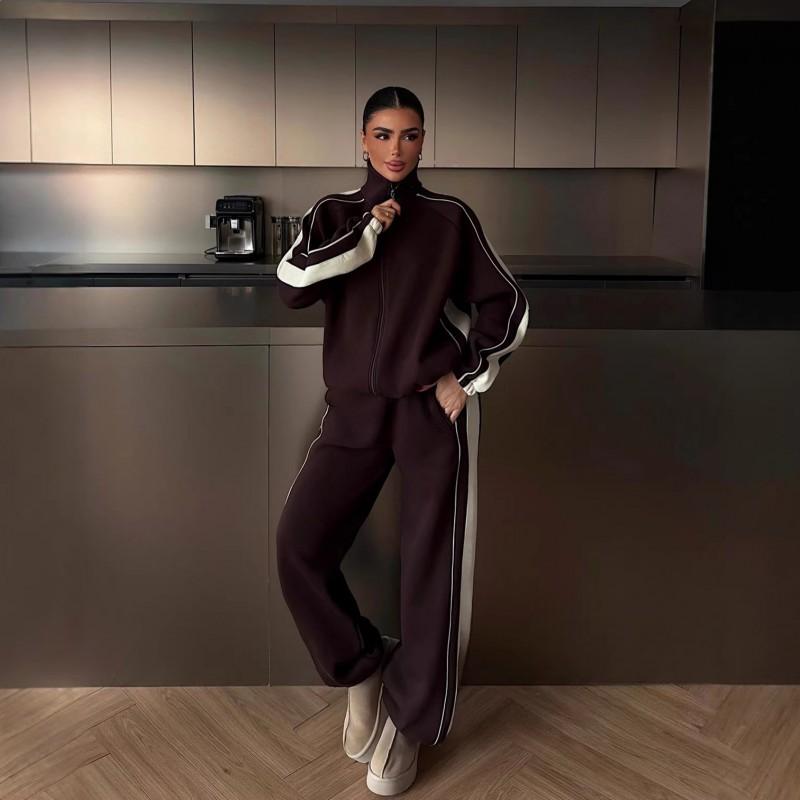 2026 Womens Fashion Casual Set Color Block Zip Up Cardigan Pants Two Piece