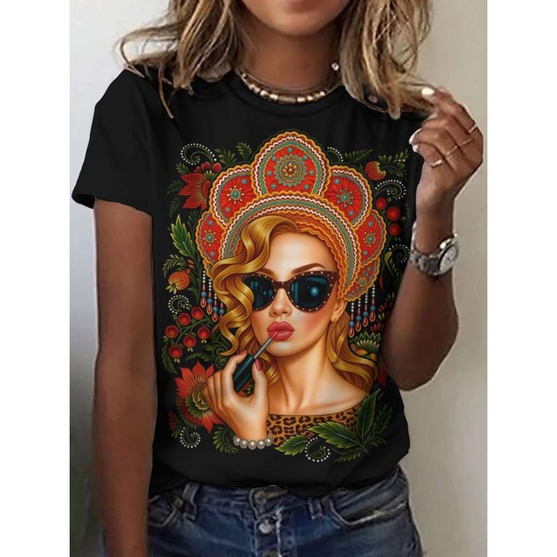 Russian Girl T-Shirts Floral 3D Print Summer Women Casual Round Neck Short Sleeve T Shirt Tees Harajuku Y2K Tops Female Clothing