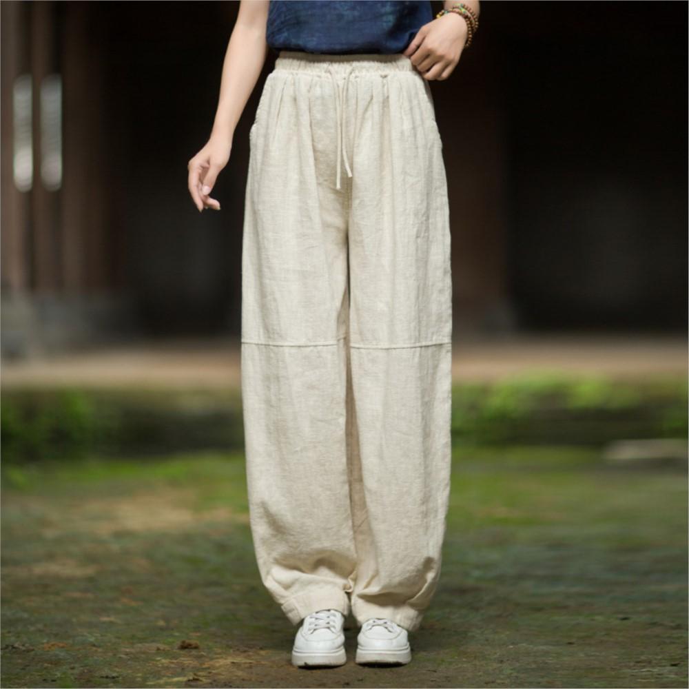 Johnature Women Vintage Harem Pants Solid Color Elastic Waist Autumn Belt Loose Female Patchwork Pants