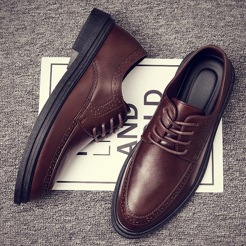 Black big head leather shoes winter business dress British style small leather shoes soft sole casual shoes autumn and winter