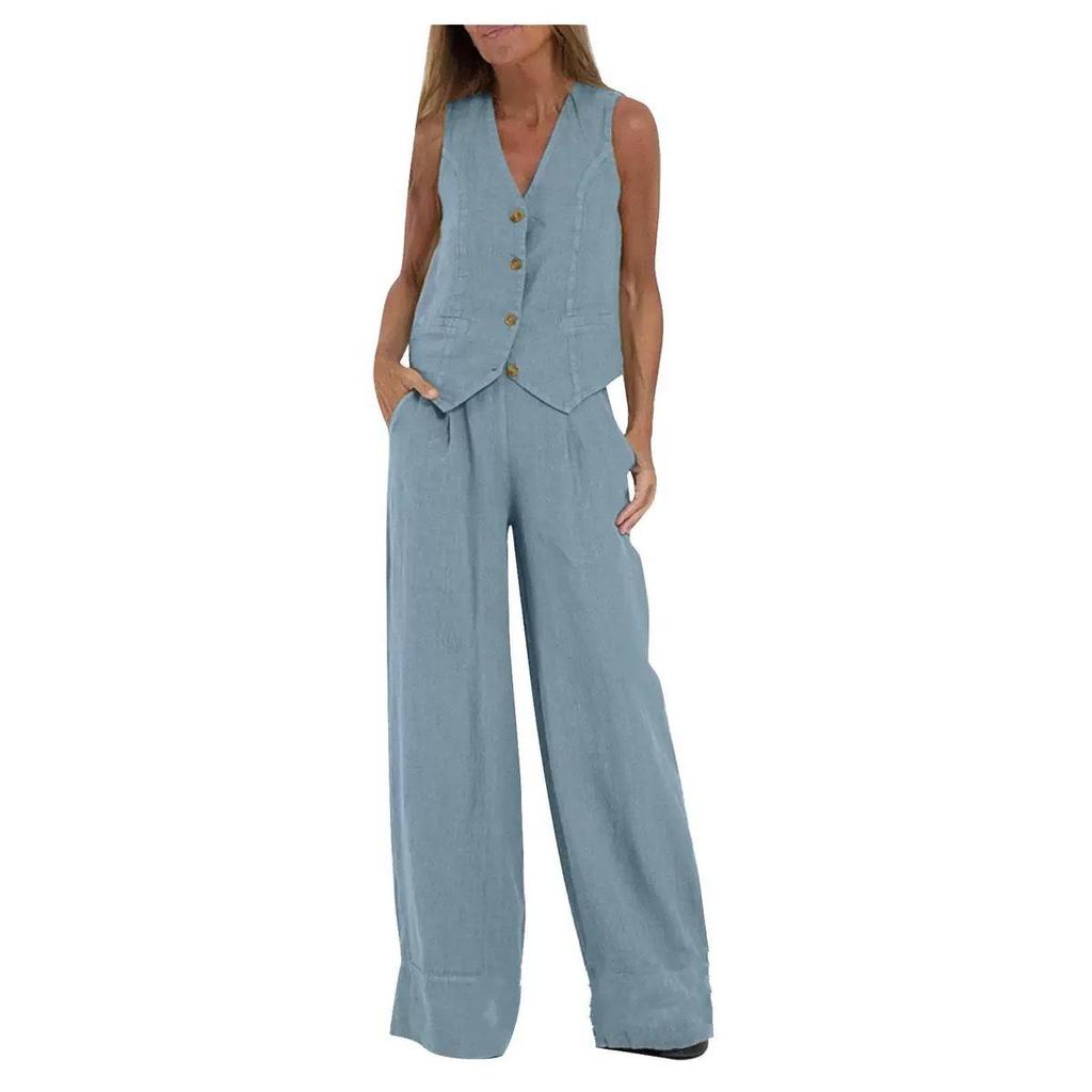 Completo in Lino da Donna - Completo 2 Pezzi Camicia Bottoni Scollo a V Senza Maniche Pantaloni Vita Alta Gamba Larga Set Coordinato