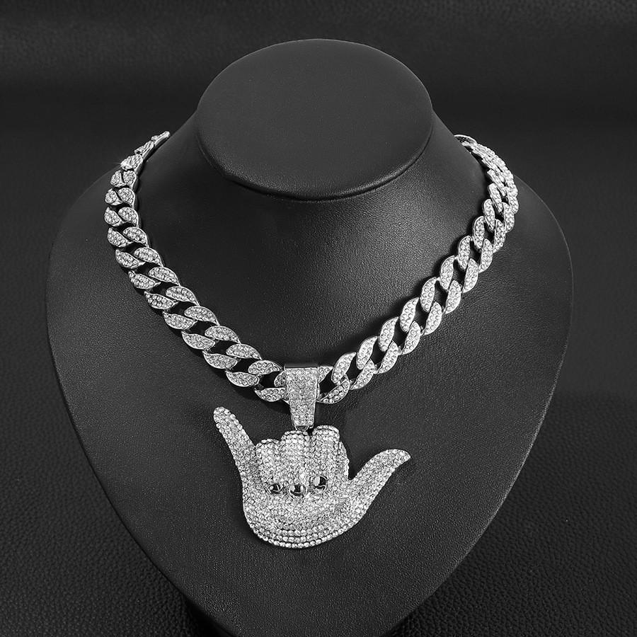 Alloy Full Diamond Lucky Gesture Pendant Personalized Male Hip Hop Cuban Chain Texture Finger Frame Necklace