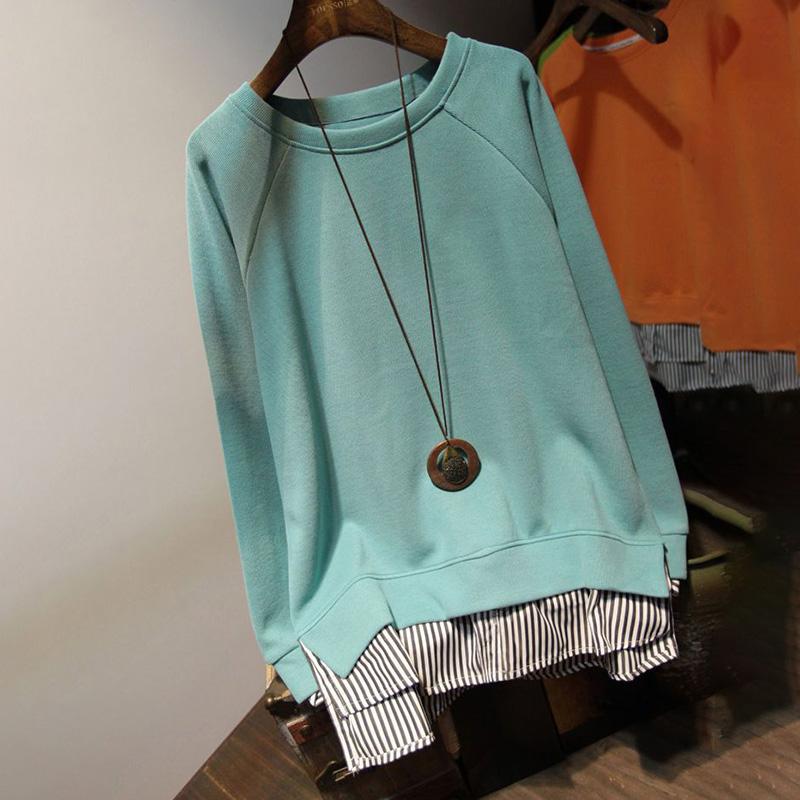 

Свободный свитшот, женский осенний искусственный комплект из двух частей в полоску, сотни повседневных топов средней длины с круглым вырезом S синий