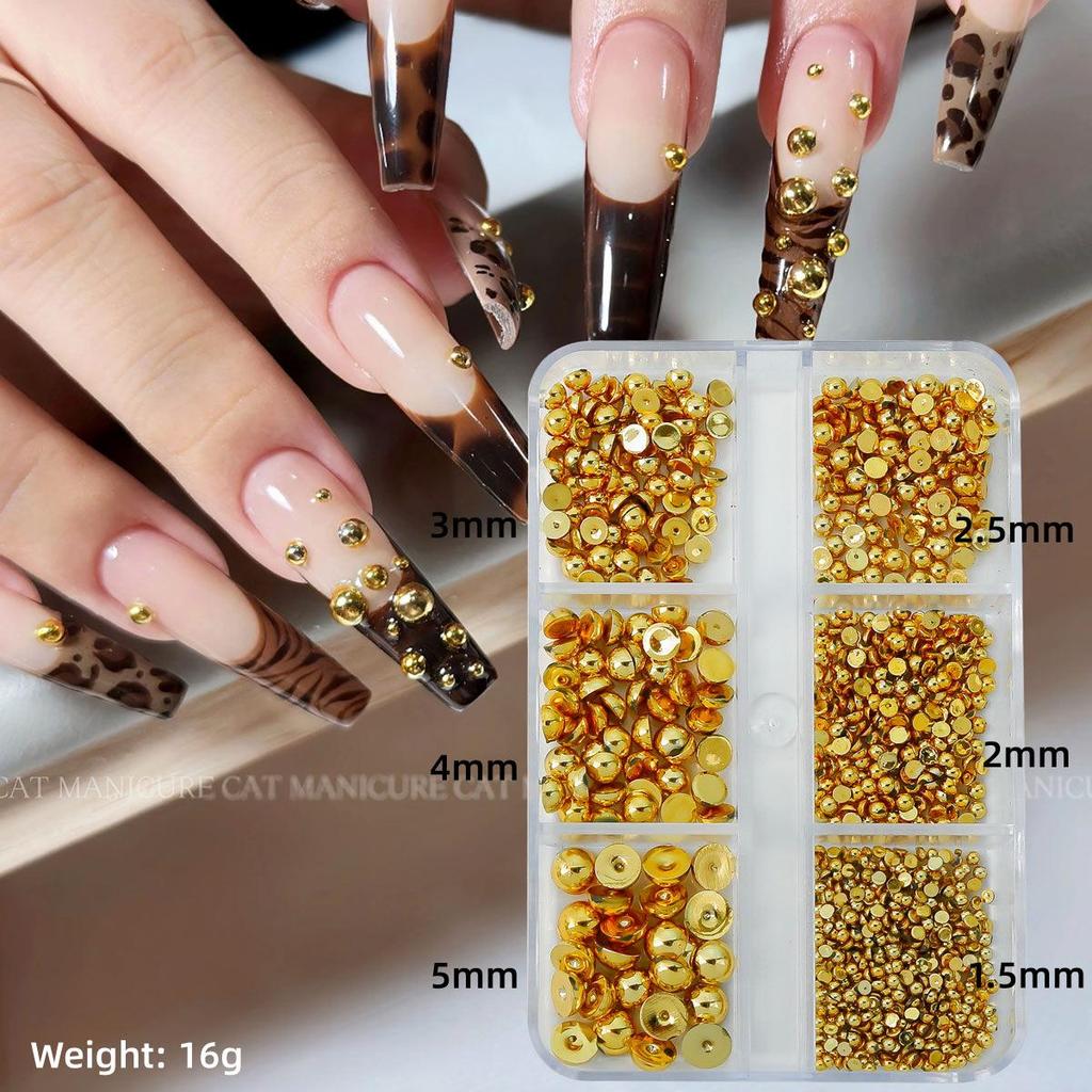 Gold & Silver Half Pearl Nail Art Decorations Set - 12 Mixed Size Grids