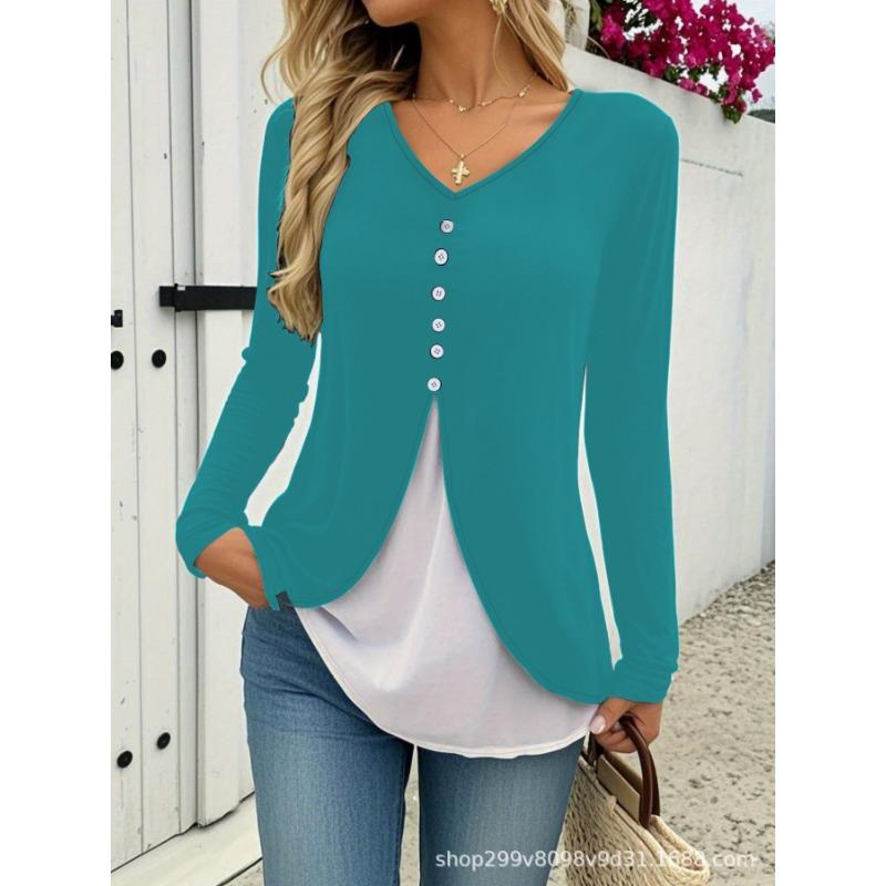 Spring and Autumn Women's New V-neck Women's Sexy Casual Contrast Color