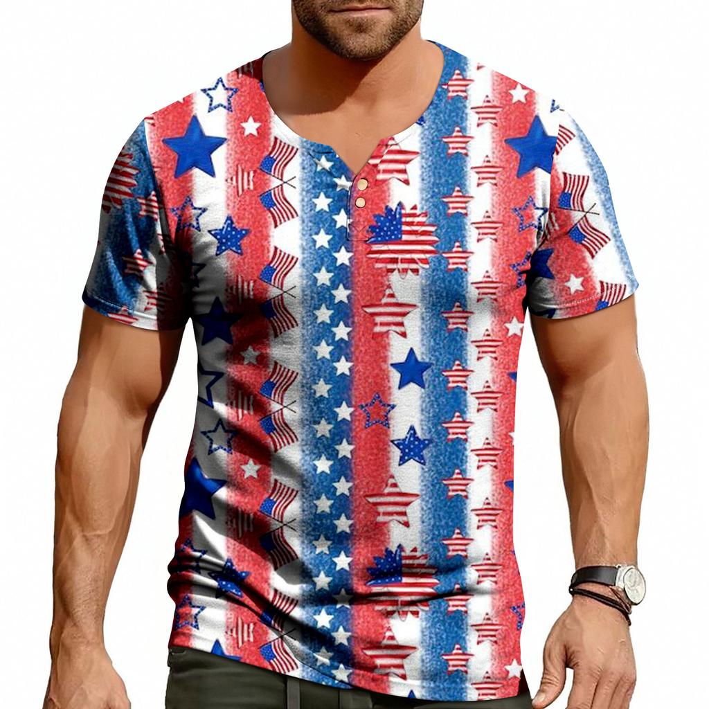 Men's Casual Summer V-neck Short Sleeved Top With Buttons, Independent Day Print Short Sleeved Top