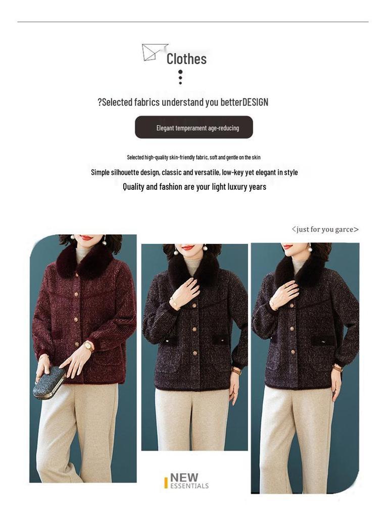Women's Stylish Winter Coat: Middle-aged and Elderly Imitation Mink Velvet Woollen Thick Knit Cardigan Top